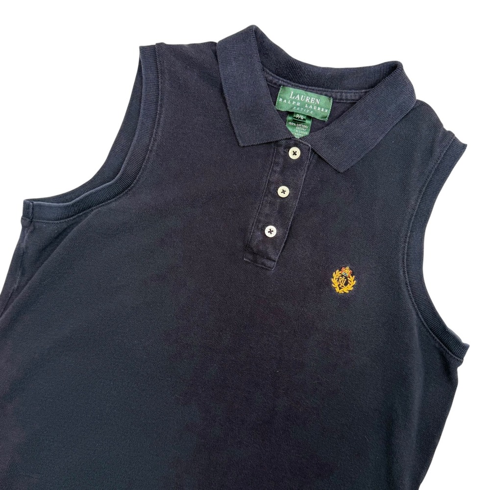 Lauren Ralph Lauren Polo Shirt Women PS Navy Blue Sleeveless Crest Pique Cotton